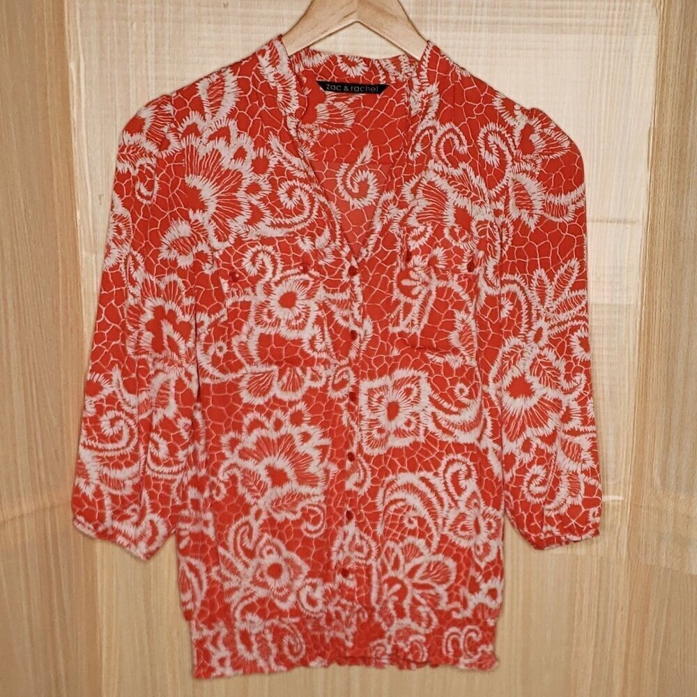 Zac & Rachel Orange White 3/4 Sleeve Floral Blouse Small